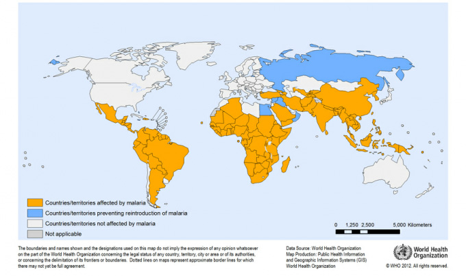  Distribuzione della malaria nel mondo (OMS-2012)