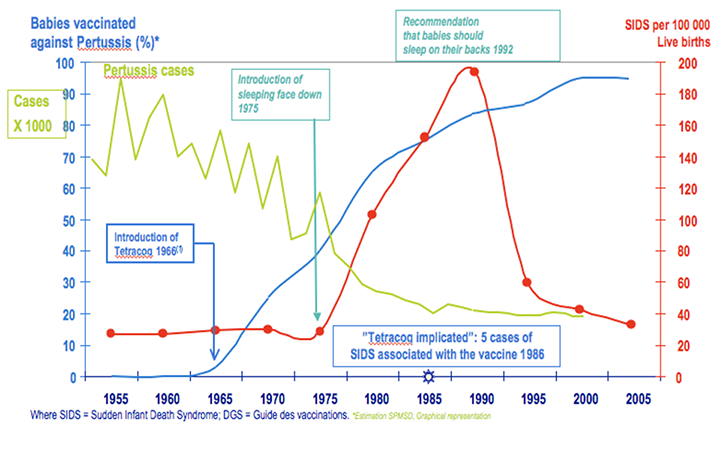Grafico 2. Casi di morte in culla e copertura vaccinale per DTP dopo la raccomandazione di far dormire i bambini a pancia in su. (Modificato da Hatton F et al. Trends in infant mortality in France: frequency and causes from 1950 to 1997. Arch Pediatr 2000) Linea verde: casi di pertosse; linea blu: percentuale di bambini vaccinati con DTP; linea rossa : casi morte in culla ogni 100.000 nati vivi.